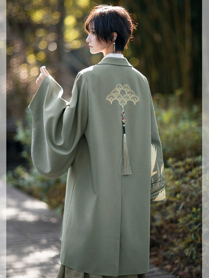 Han-inspired with Green Unisex Coat Pleating Details