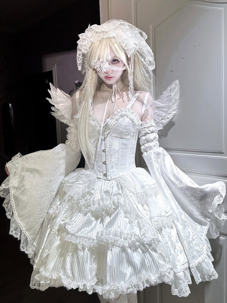 Shiro Gothic Lolita Full Set with Boned Corset Top, Skirt, Collar, Bell Sleeves and Accessories in All White - Somnium Isle