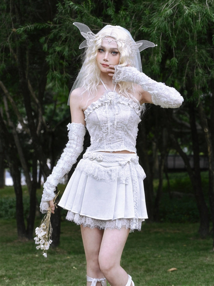 Weißer Spitzen-Fairy-Gothic-Faltenrock