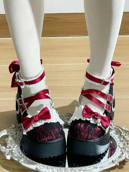 in Heels Lolita Elegant Wine Applique Buckle Rhinestone-Embellished Ruffles Chunky Platform Heel with Heart Trim Red