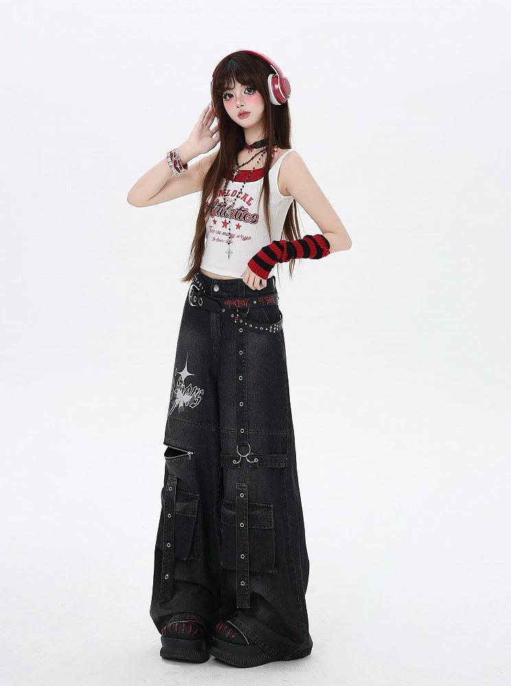 Jeans Black Butterfly Wide-Leg Cargo Print Strap Details Vintage