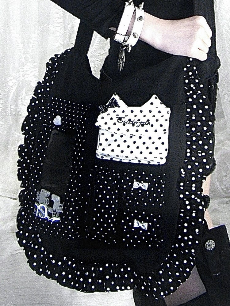 Multiple White Polka Oversized Bow Kawaii Black Pockets Crossbody Dot Bag with