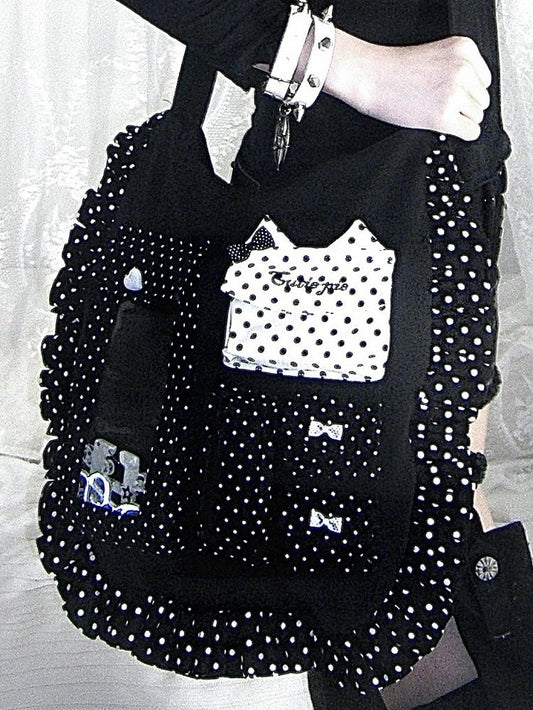 Multiple White Polka Oversized Bow Kawaii Black Pockets Crossbody Dot Bag with