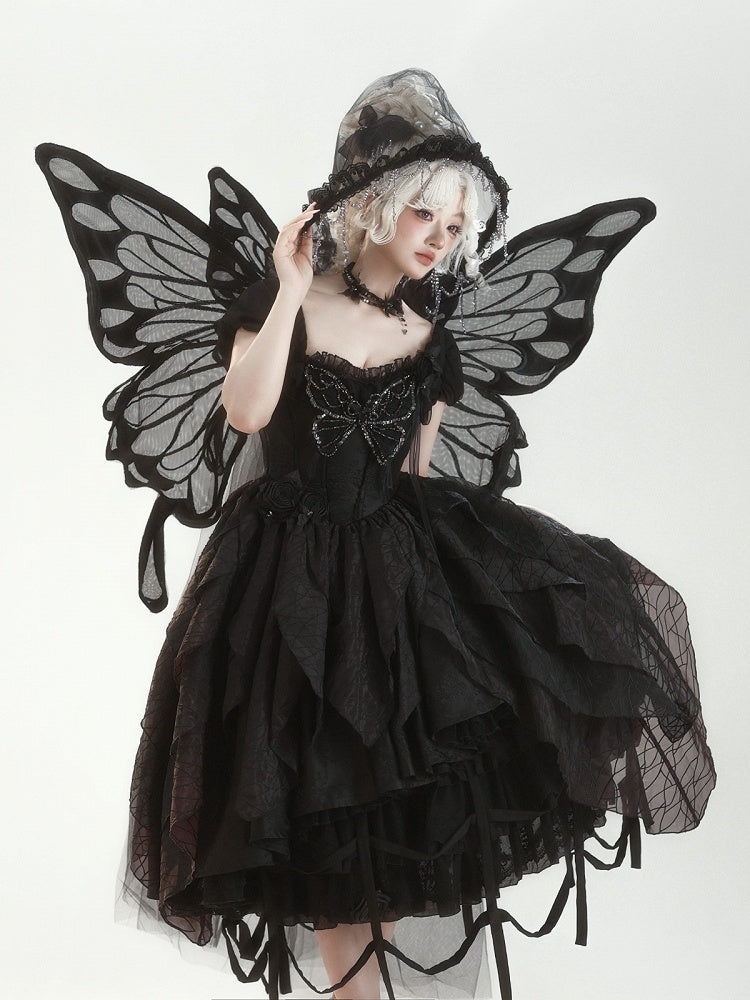 Butterfly Motif Puff Sleeve Lolita Top and Asymmetrical Hem Skirt Set in Black - Sweet Wood Lolita