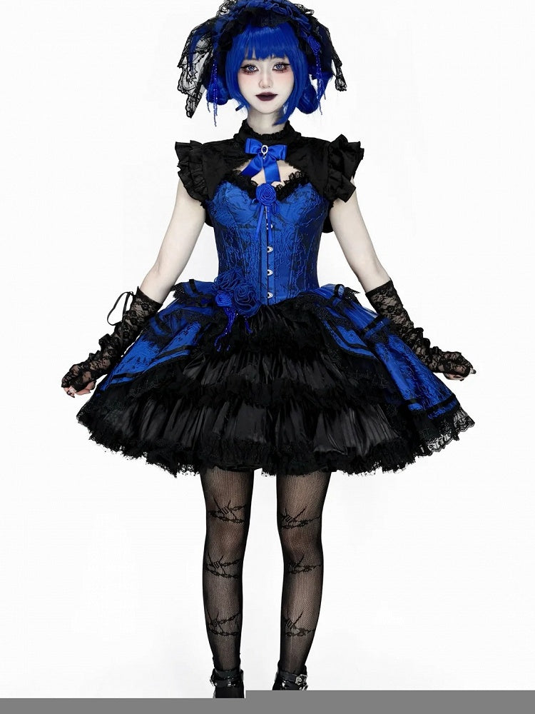 Gothic Lolita Boned Corset Top with Tiered Skirt and Collar in Klein Blue and Black - Somnium Isle