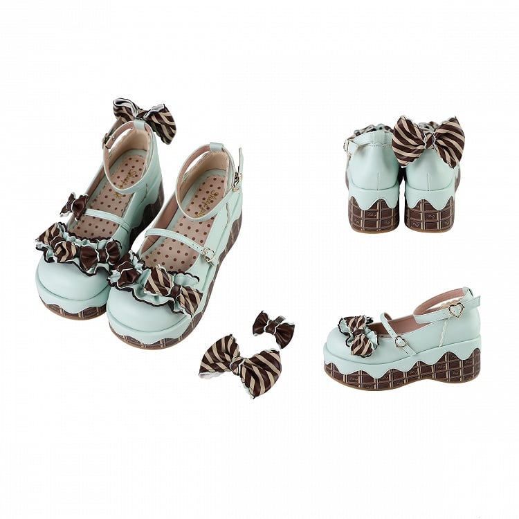 Mint Green Heart Buckle Lolita Shoes - Sheep Puff