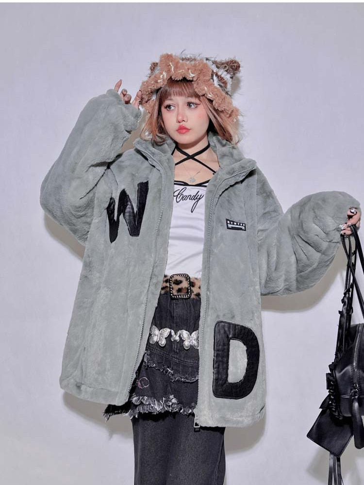 Gray Letter Appliques Baggy Long Sleeves Plush Coat