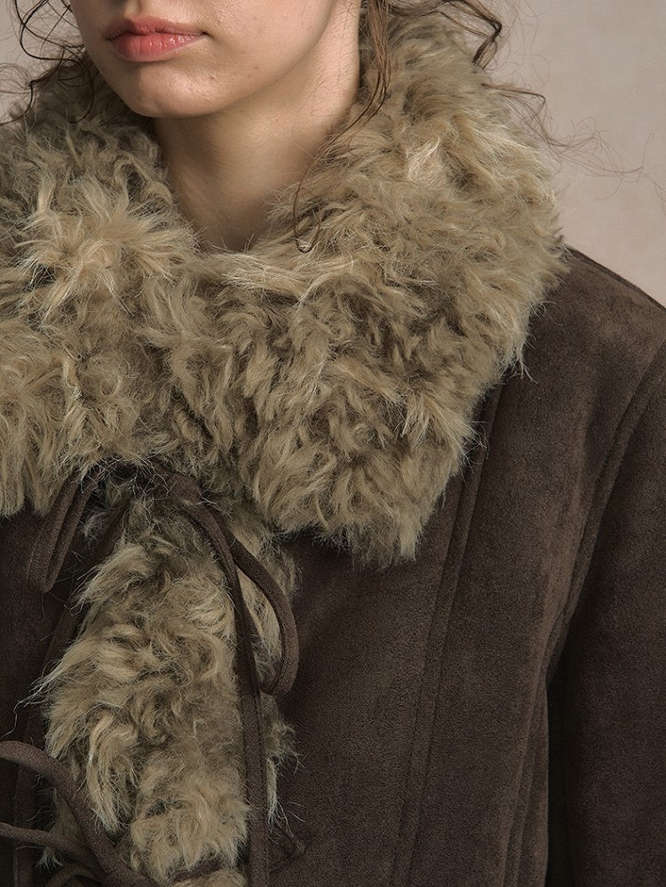 Lining Tie Details with Coat and Bow Faux Suede Brown Plush