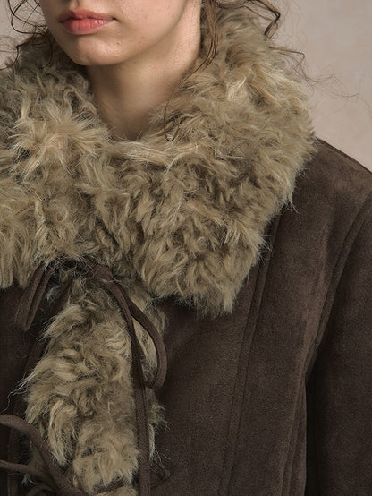 Lining Tie Details with Coat and Bow Faux Suede Brown Plush