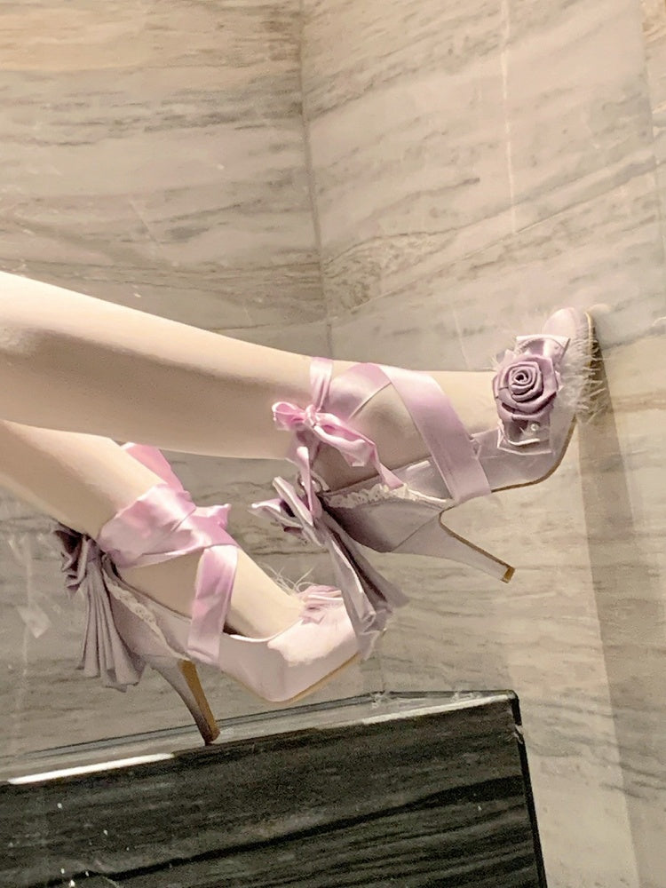 Elegant Rose Theme Bowknot & Bead Accents Lolita Shoes - 9.5cm High Heel - Cheese Mango