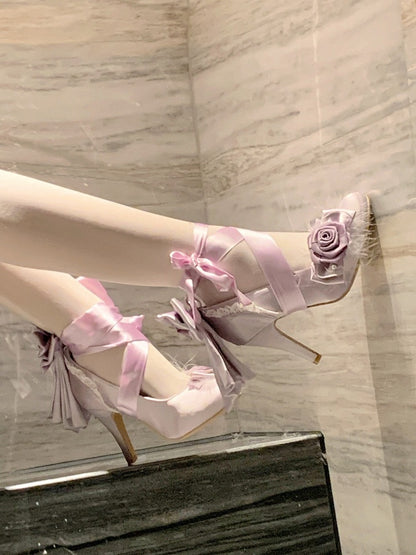 Elegant Rose Theme Bowknot & Bead Accents Lolita Shoes - 9.5cm High Heel - Cheese Mango
