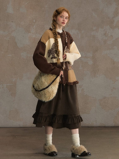 Pony Brown Knitted Patchwork Beige with Vintage Cardigan Motif