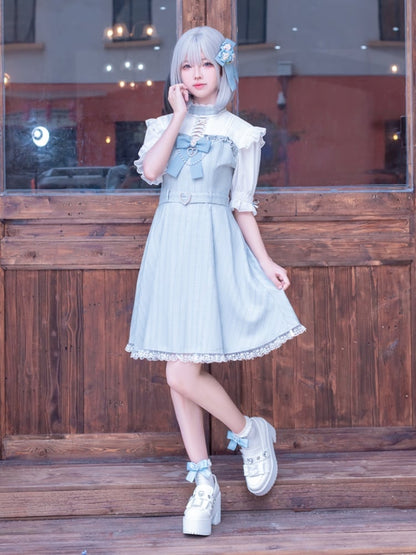 Kei Dress with Detachable Lace Trim Jirai Bow Kaiwai Neckline Design Tenshi Blue Striped Criss-cross