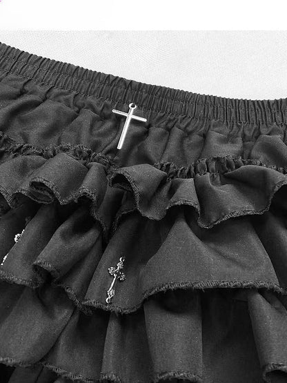 Gothic Black Y2K High Waist Cross Thigh length Glamorous Lined Tiered  Skort