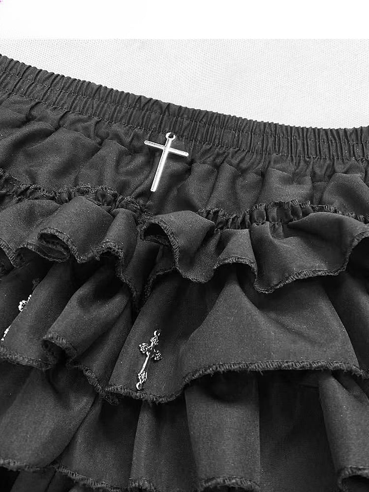 Taille Glamouröse Länge Gothic Tiered Cross Gefüttert Oberschenkel Skort High Black Y2K