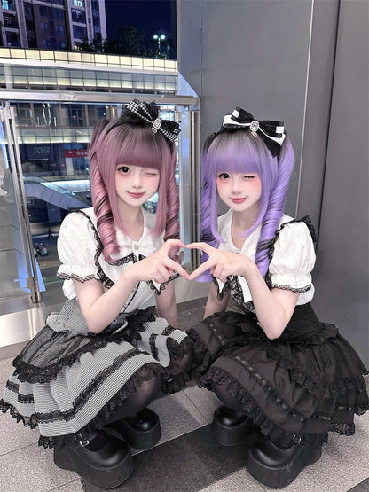Black Jirai Kei High-Waisted Tiered Skirt with Lace Bow - Puppet Bombs