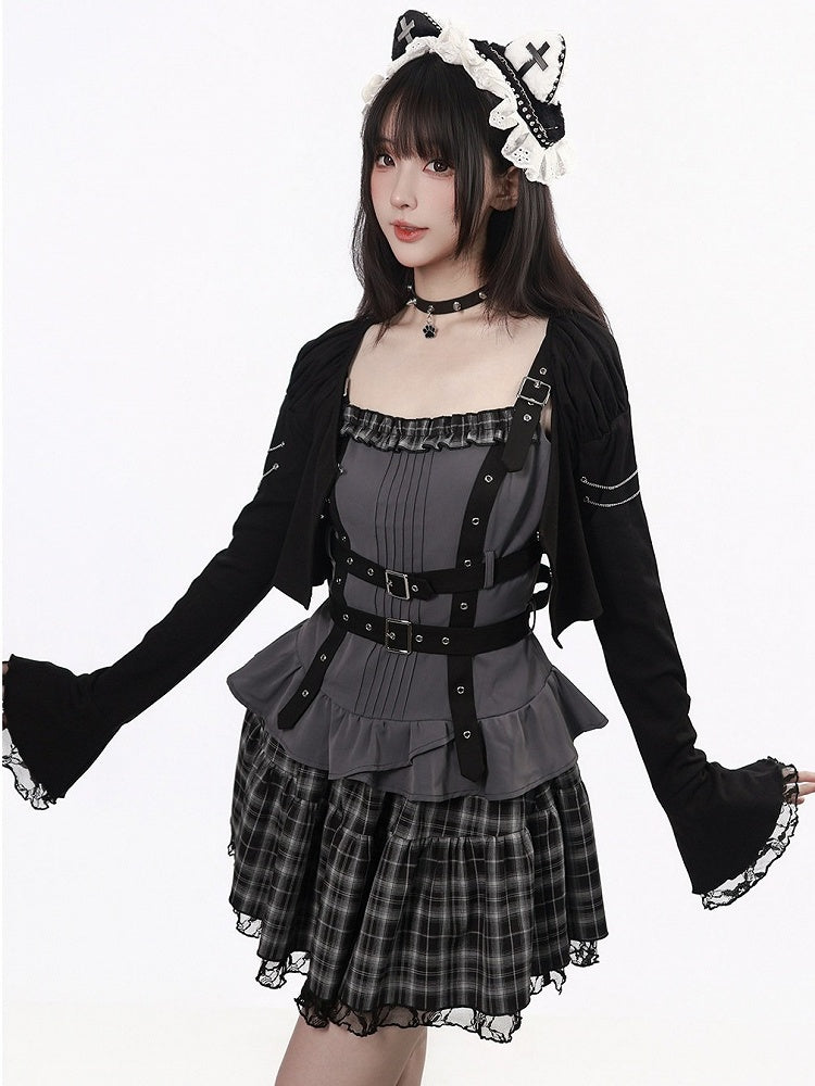 Black & Gray Cami Top with Buckle Straps and Flared Peplum Hem - PINK SAVIOR