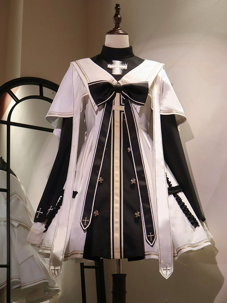 Weißes und schwarzes Lolita-Nonnenkleid, komplettes Set – Nonnenkleid mit Glockenärmeln + weißer Umhang + schwarzes Schleifen-Accessoire