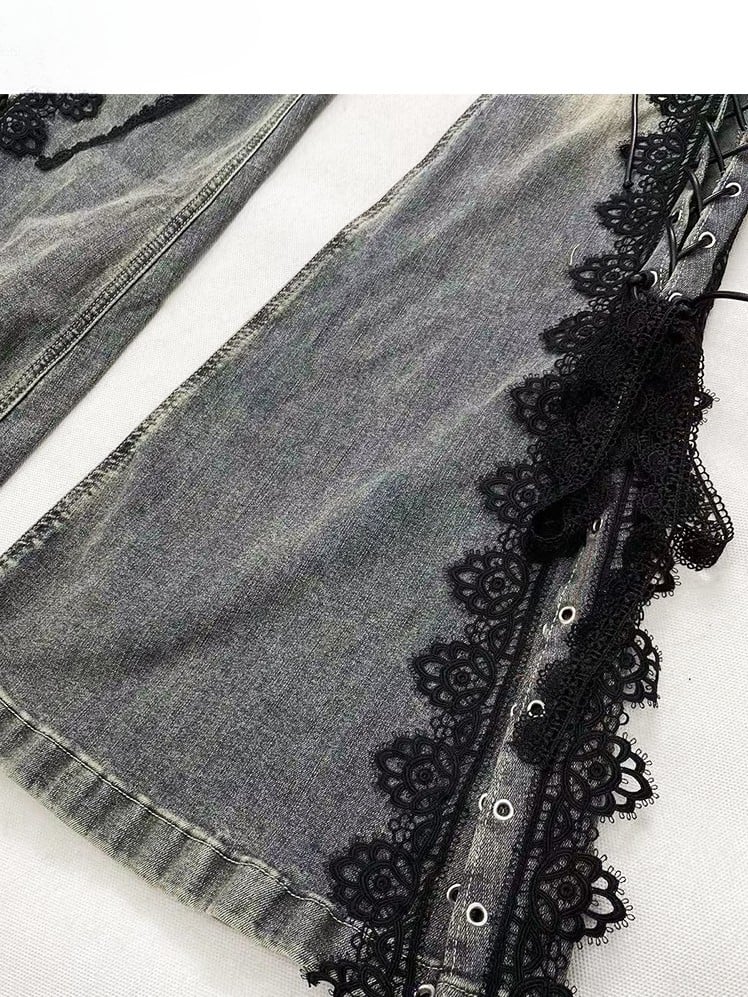 Trim Jeans Lace Blue Bittersweet Detail Flare Glamorous Side Silhouette Lace-up