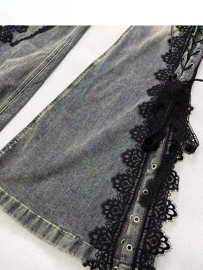 Trim Jeans Lace Blue Bittersweet Detail Flare Glamorous Side Silhouette Lace-up