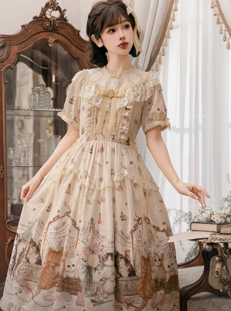 Beige Cat Print Round Neck Sweet Lolita Dress with Lace Trim - NyaNya