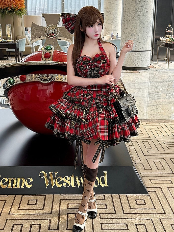with Dress and Halter Black Ruffles Plaid Punk Red Ribbon Sweet Neck Bows Lolita