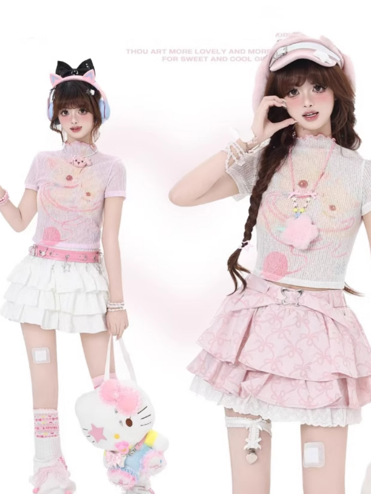 Cropped Beige/Light Pink Yume T-Shirt Adorable Animal Print Semi-sheer Kawaii