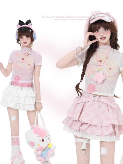 Cropped Beige/Light Pink Yume T-Shirt Adorable Animal Print Semi-sheer Kawaii