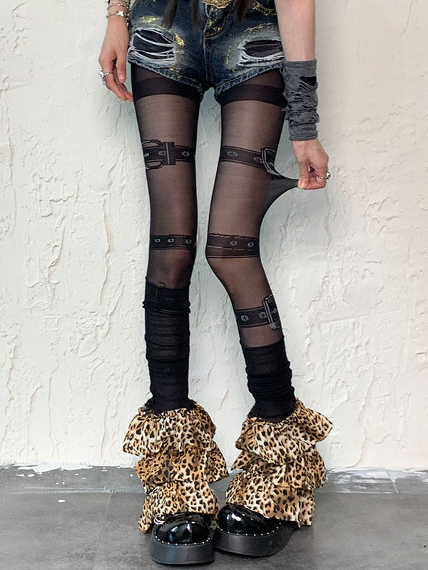 Black Punk Buckle Print Tights Leopard Leg Warmers Set