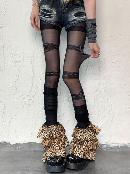 Black Punk Buckle Print Tights Leopard Leg Warmers Set