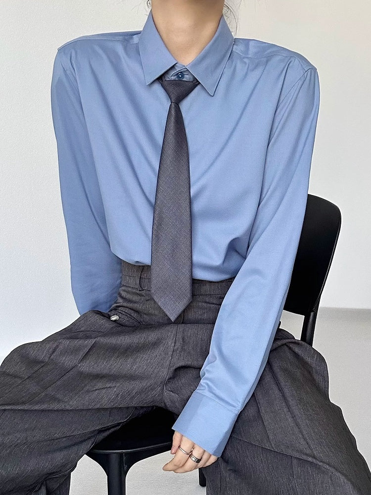 Ouji Long Collar Modal with Flat Unisex Shirt Dusty Blue Sleeve Cuffs Button Pointed Lolita