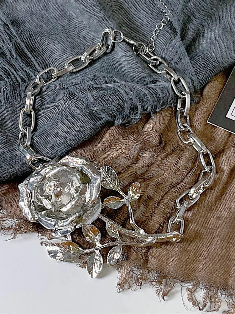 Y2K Silver Metal Rose Choker