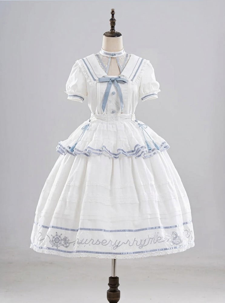 Ivory and Azure Stitched Sailor Gown with Detachable Collar - Honey Machine