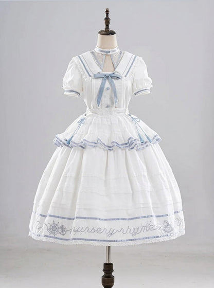 Ivory and Azure Stitched Sailor Gown with Detachable Collar - Honey Machine