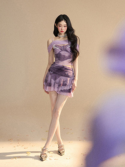 Ausschnitt Schmetterling Stickerei Top/Schmetterling Akzente Applikation Glamourös Stufenrock Lavendel Off-the-shoulder