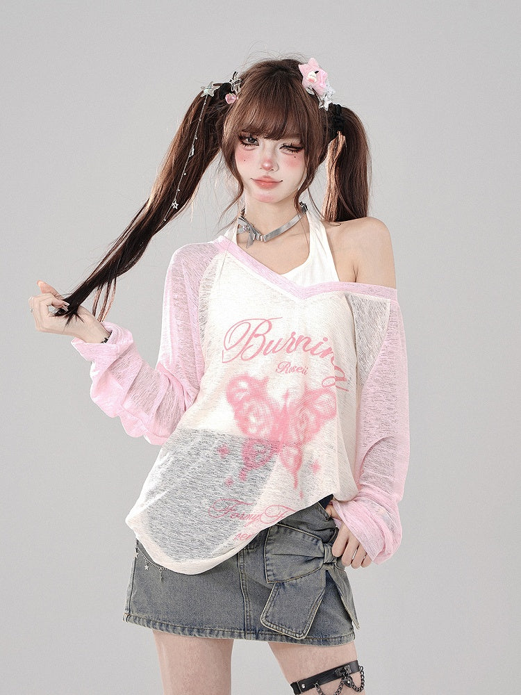 Butterfly-Letter Set Pink Sheer White Top Print Halter