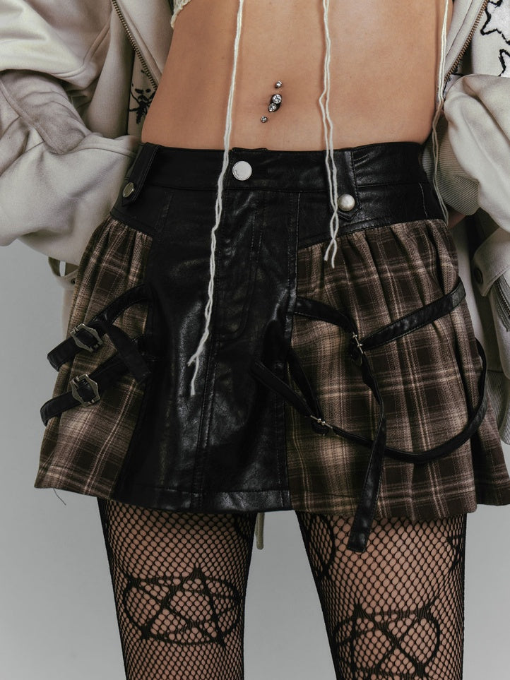 Buckle Brown Plaid Patchwork Design Fashion PU Skirt Punk Millard Straps Vintage