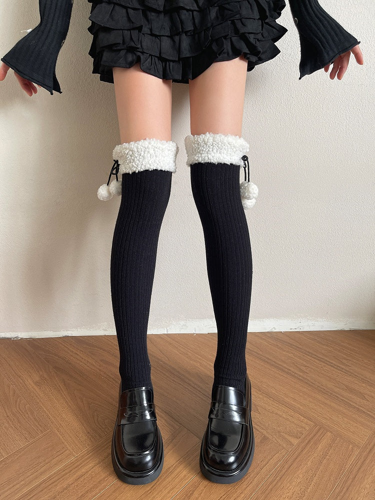 Stockings Ribbed with Pom-Poms Sherpa 5-Color Cuff