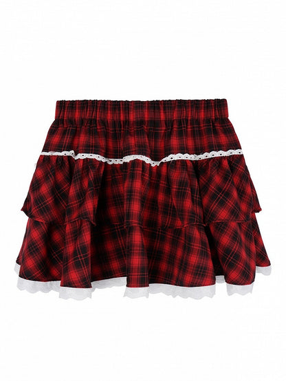 Applique Cami Mini Red Star Plaid Top Tiered With + Black Skirt