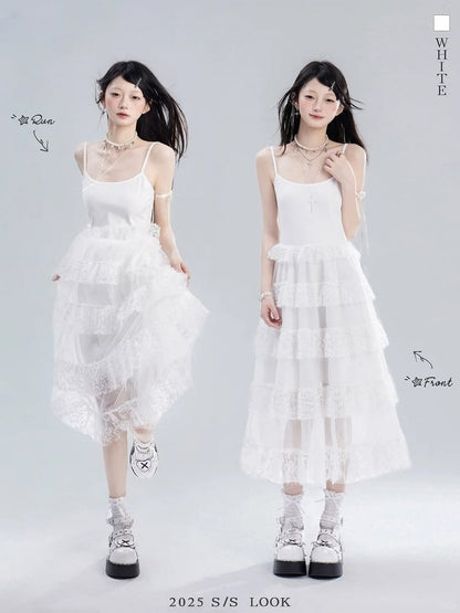 Rock Cami Kleid Taille Kette Süße Weiße Spitze Tiered Frei mit