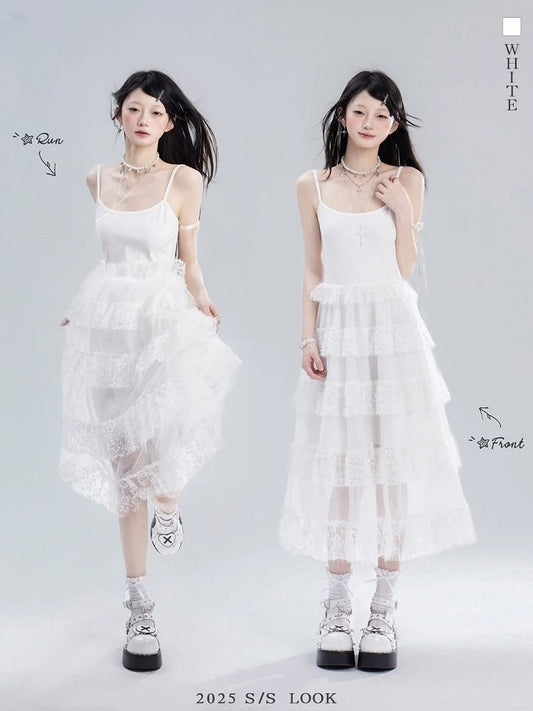 Rock Cami Kleid Taille Kette Süße Weiße Spitze Tiered Frei mit