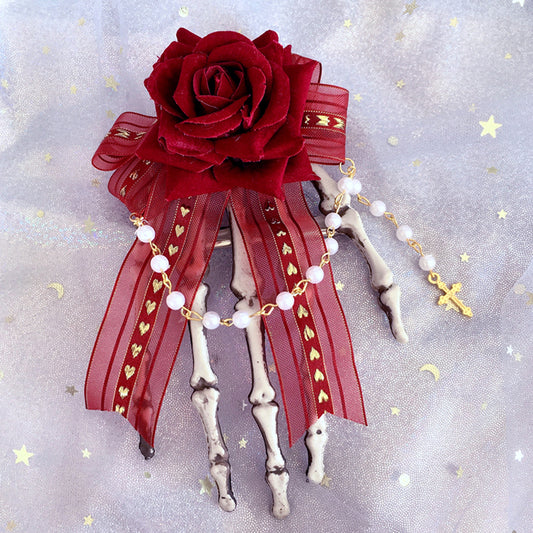 Rose Hand Blue/Red Skeleton Hairclip Lace