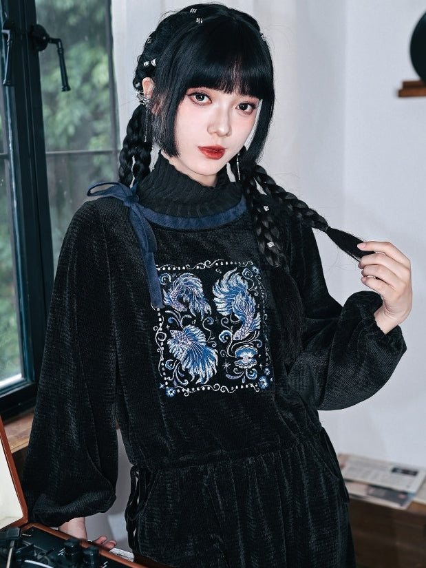Embroidery Mock Cheongsam - Neck Black Goth Sweatshirt with Goldfish