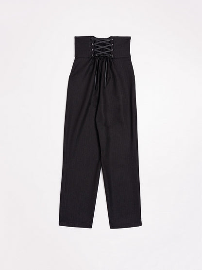 Shimmering Black High-Rise Ouji Pants with Silver Cross Buttons - DevilInspired Exclusive Collection