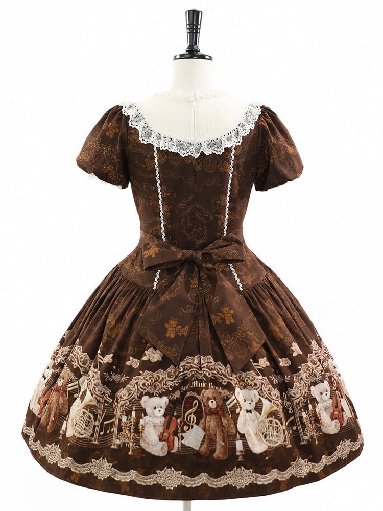 Vintage Doll Style Brown Short Sleeve OP Dress with Bear Symphony Print - Twin Bear Original Design