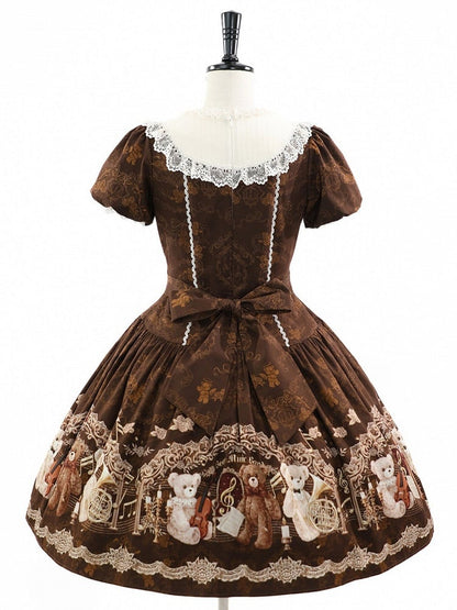 Vintage Doll Style Brown Short Sleeve OP Dress with Bear Symphony Print - Twin Bear Original Design