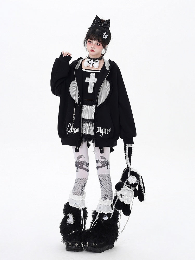 Black/Gray Ruffle Trim Zip-Up Hoodie with Bunny Ears and Sweetheart Applique