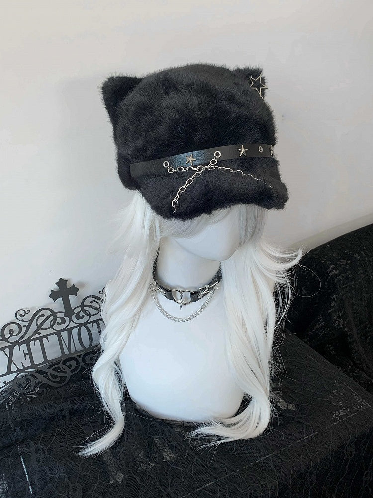 Chain Hat with Wing Punk Hardware Beret Cat Black Ear Plush Detail Angel