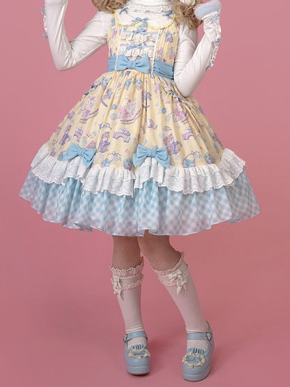 Adorable Lolita JSK Gown in Yellow and Blue with Lace Trim Detail - Vcastle