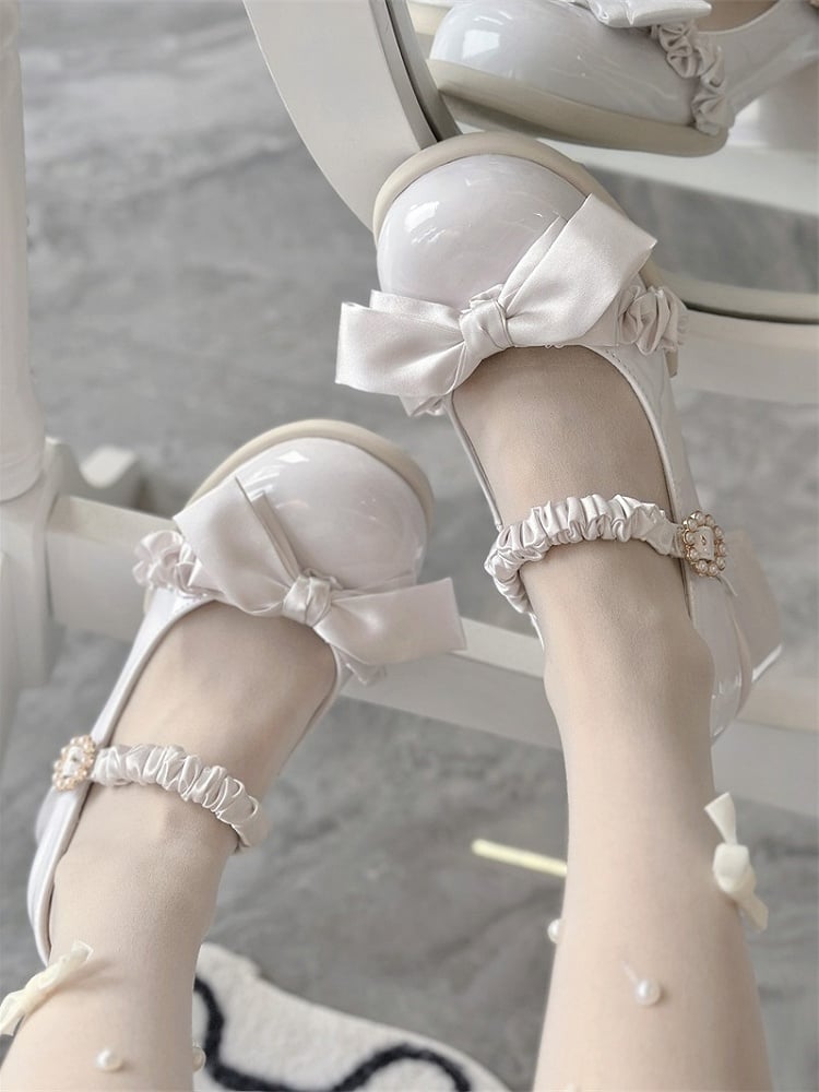 Leather - with Bead Off-white PU Mid Fastener Sweet Round Toe Heels Ornate Lolita